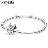 Sonykifa 2019 High Quality Rose Gold Color Snake Chain Charm Bracelet Fit Original Beads Fine Bracelet Jewelry Gift For Women