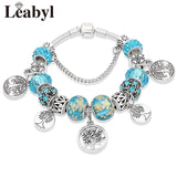 Dropshipping HOT Silver Tree of Life Fashion Bead Bracelet Green Leaf Floral Crystal Charms Bracelet & Bangle Pulsera Jewelry