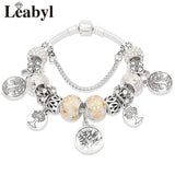 Dropshipping HOT Silver Tree of Life Fashion Bead Bracelet Green Leaf Floral Crystal Charms Bracelet & Bangle Pulsera Jewelry