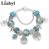 Dropshipping HOT Silver Tree of Life Fashion Bead Bracelet Green Leaf Floral Crystal Charms Bracelet & Bangle Pulsera Jewelry