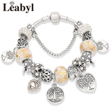 Dropshipping HOT Silver Tree of Life Fashion Bead Bracelet Green Leaf Floral Crystal Charms Bracelet & Bangle Pulsera Jewelry