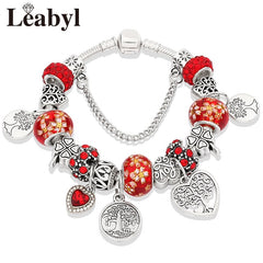 Dropshipping HOT Silver Tree of Life Fashion Bead Bracelet Green Leaf Floral Crystal Charms Bracelet & Bangle Pulsera Jewelry